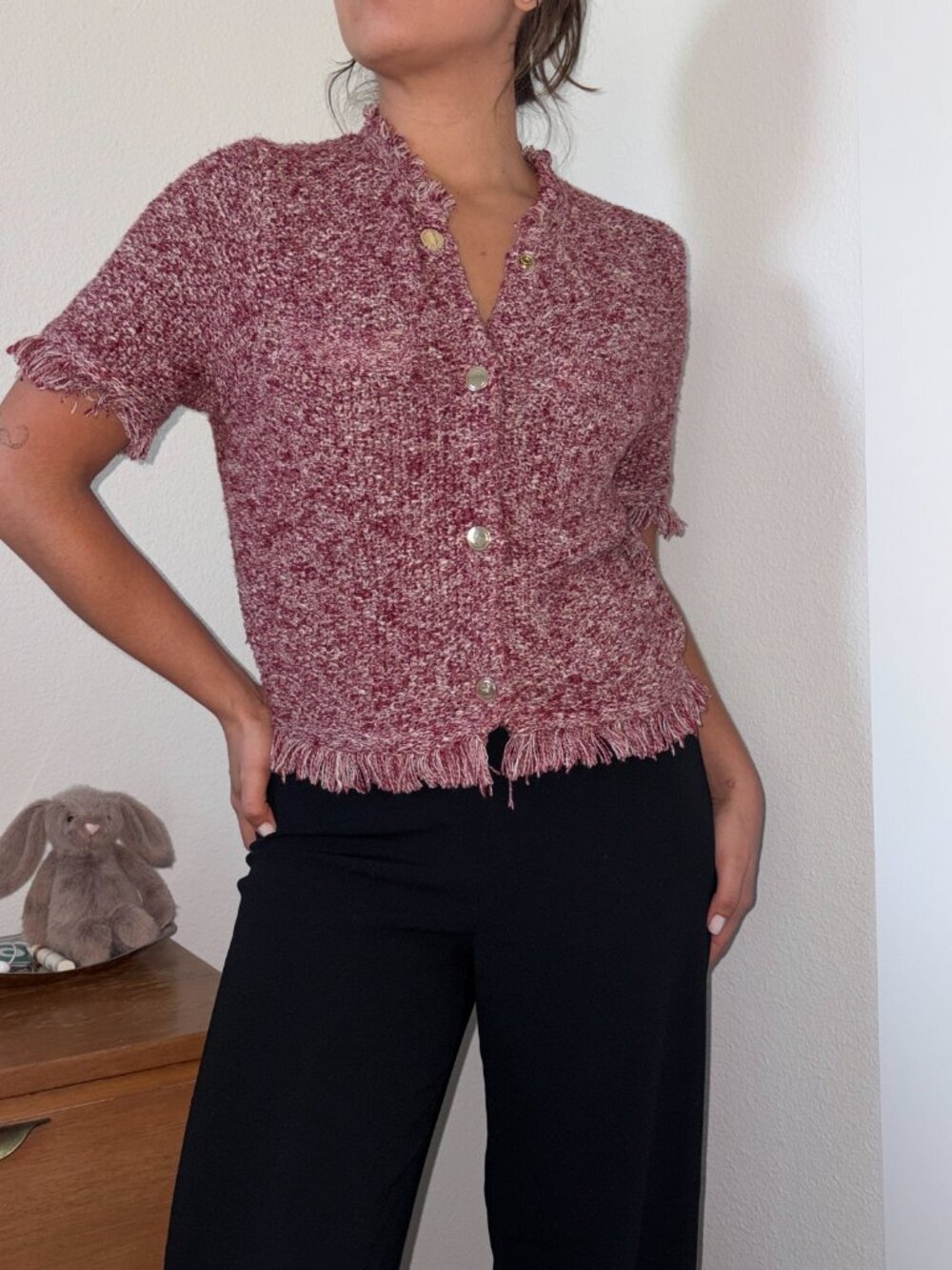 J.Crew Cropped fringe-trim lady jacket in marled yarn